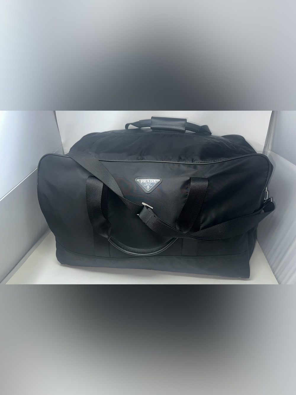 Vintage Auth Prada Black Tessuto Nylon Duffle Weekender Bag Padlock & Strap